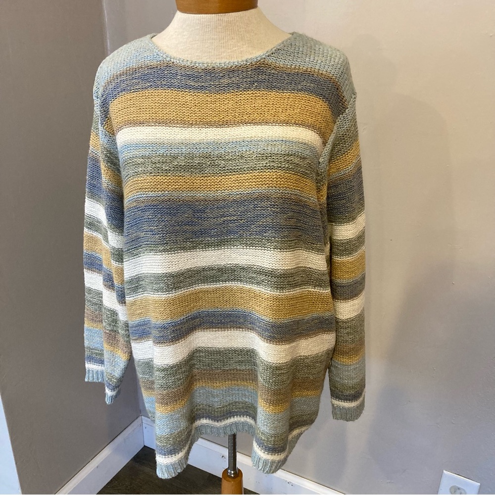 Carolyn Taylor Striped Sweater in Blue, White, and Tan.